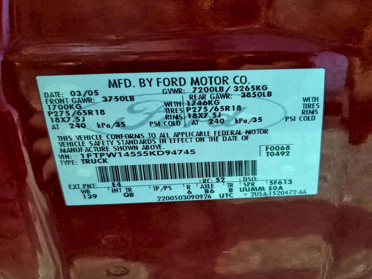 2005 Ford F150 Supercrew VIN: 1FTPW14555KD94745 Lot: 93886935
