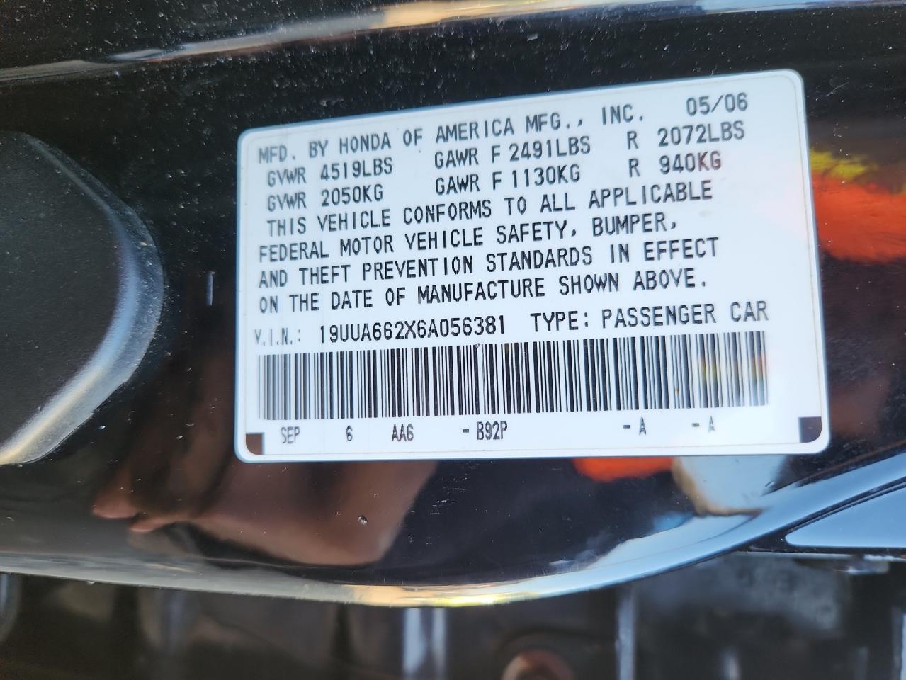 2006 Acura 3.2Tl VIN: 19UUA662X6A056381 Lot: 91188495
