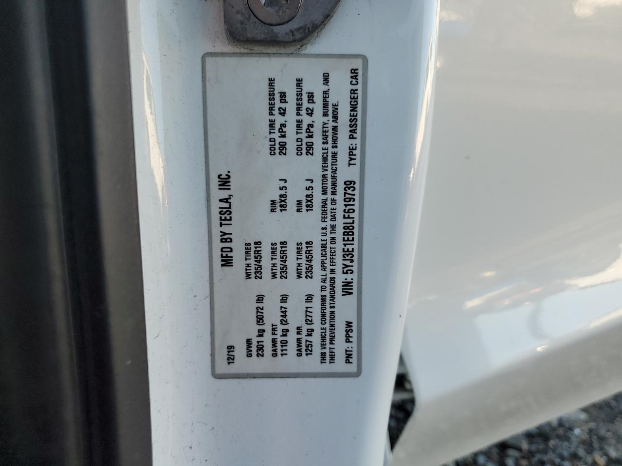 2020 Tesla Model 3 VIN: 5YJ3E1EB8LF619739 Lot: 91246995