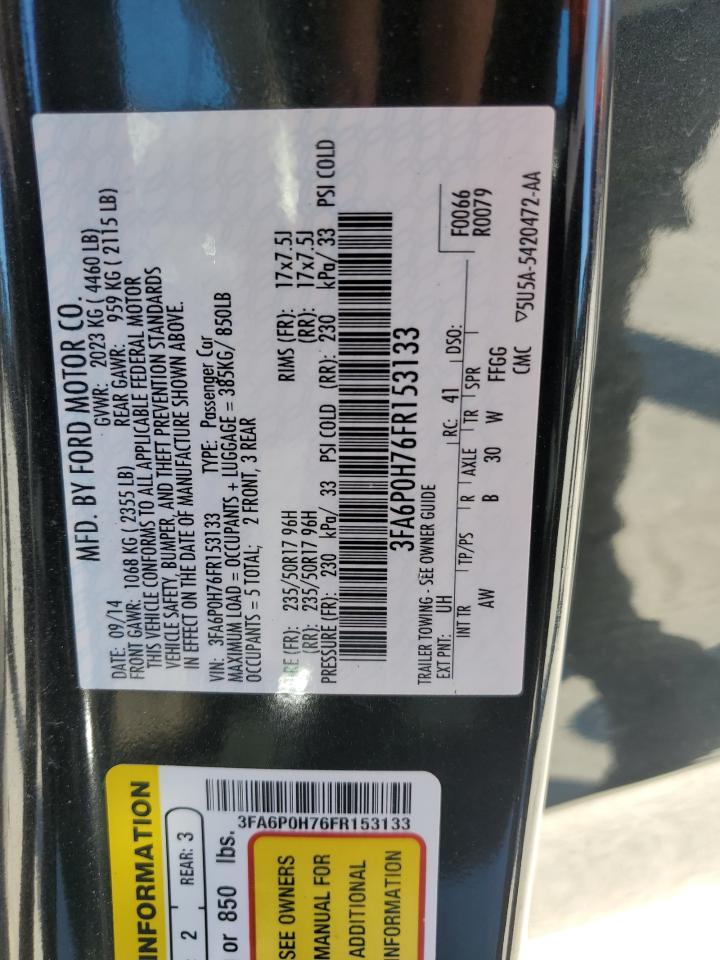 2015 Ford Fusion Se VIN: 3FA6P0H76FR153133 Lot: 92497595