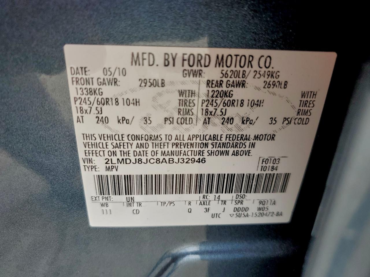 2010 Lincoln Mkx VIN: 2LMDJ8JC8ABJ32946 Lot: 93453815