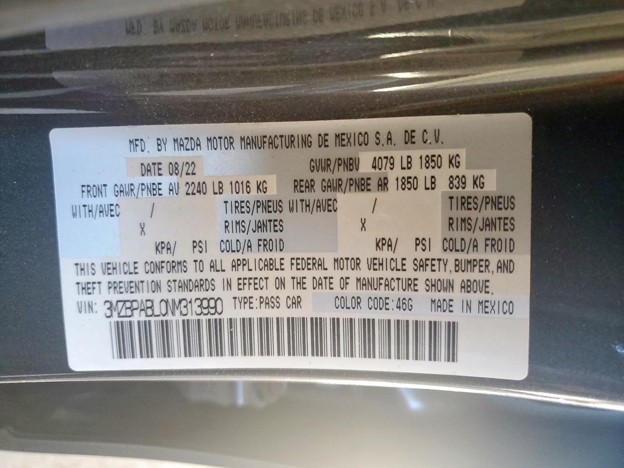 2022 Mazda 3 Select VIN: 3MZBPABL0NM313990 Lot: 91932235