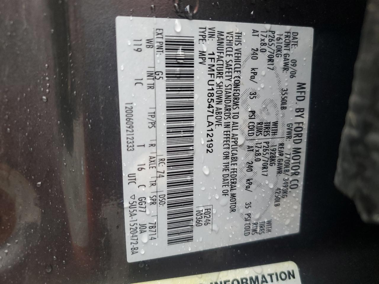 2007 Ford Expedition Eddie Bauer VIN: 1FMFU18547LA12192 Lot: 92738085