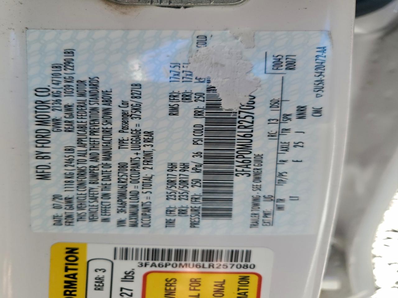 2020 Ford Fusion Sel VIN: 3FA6P0MU6LR257080 Lot: 94089785