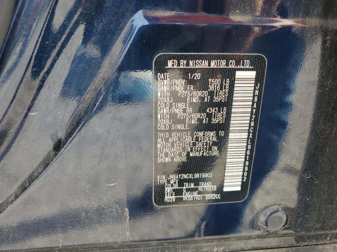 2020 Nissan Armada Sv VIN: JN8AY2NCXL9619902 Lot: 93189335