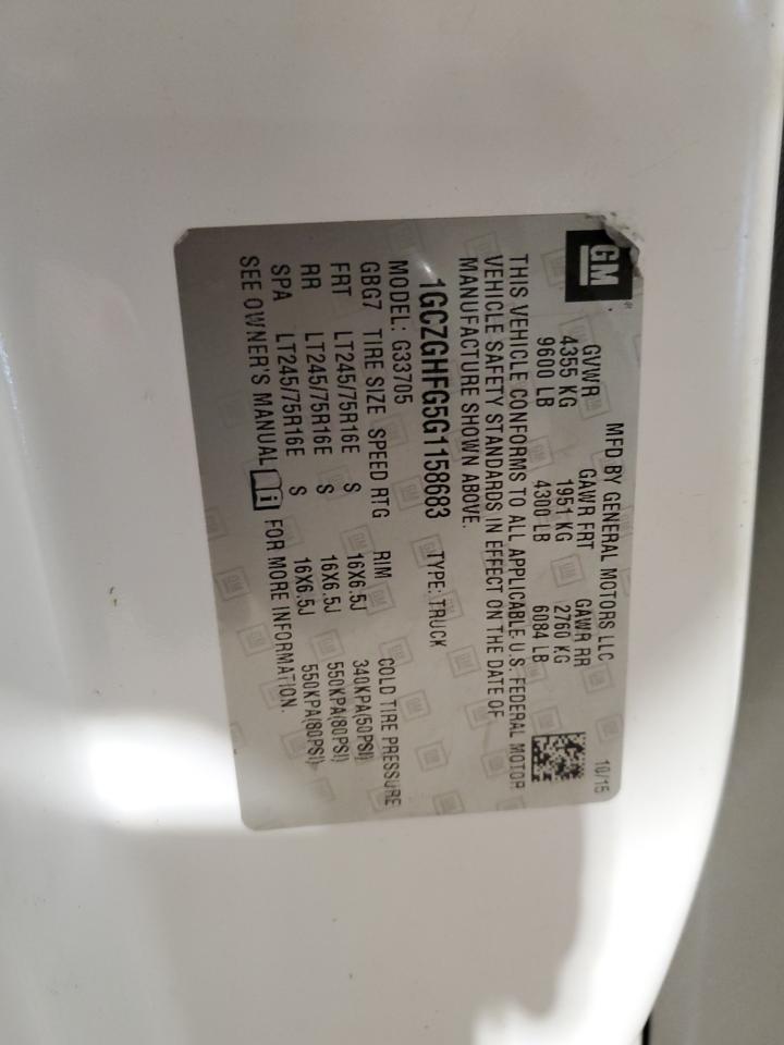 2016 Chevrolet Express Delivery Van VIN: 1GCZGHFG5G1158683 Lot: 91640055