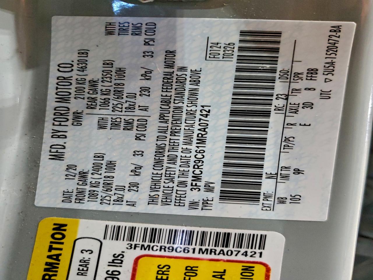 2021 Ford Bronco Sport Outer Banks VIN: 3FMCR9C61MRA07421 Lot: 93691545