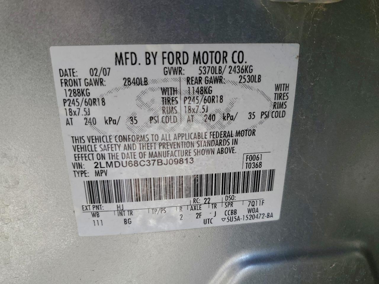 2007 Lincoln Mkx VIN: 2LMDU68C37BJ09813 Lot: 94549675