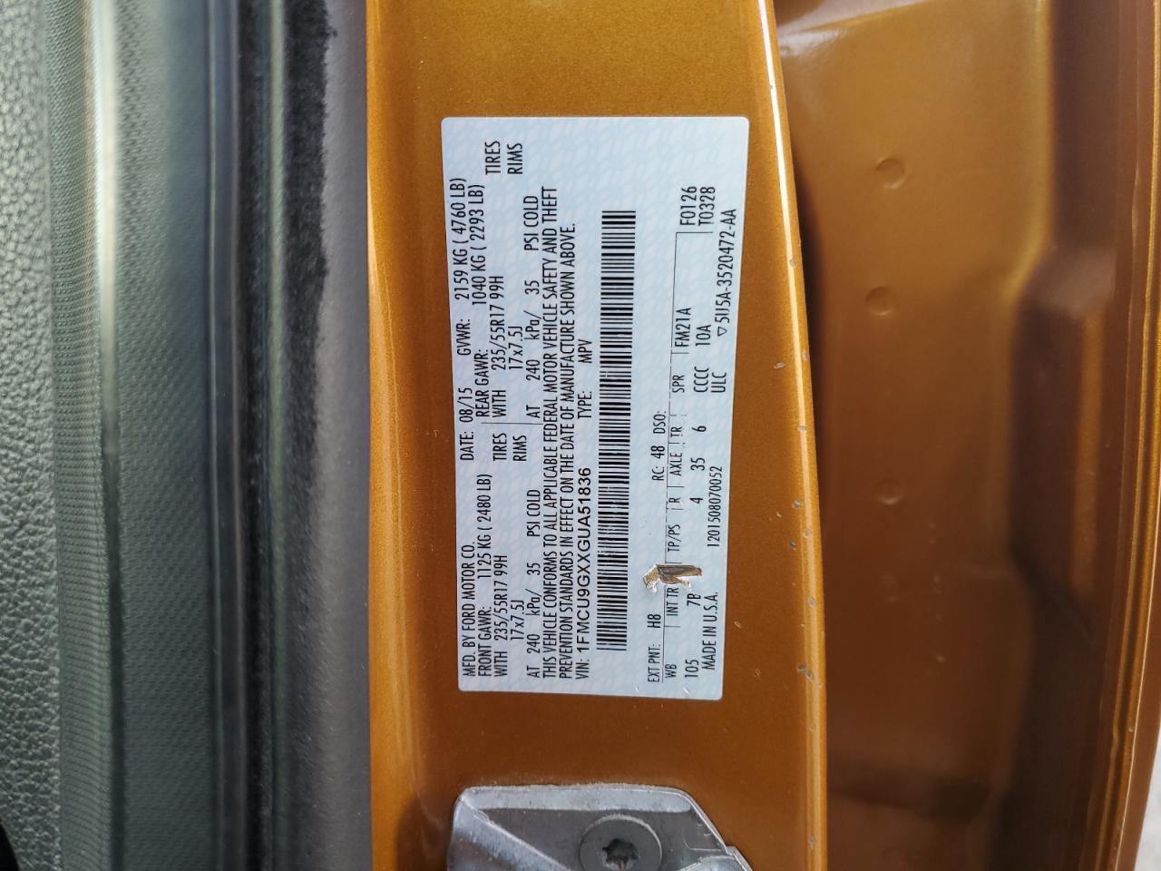 2016 Ford Escape Se VIN: 1FMCU9GXXGUA51836 Lot: 93308465