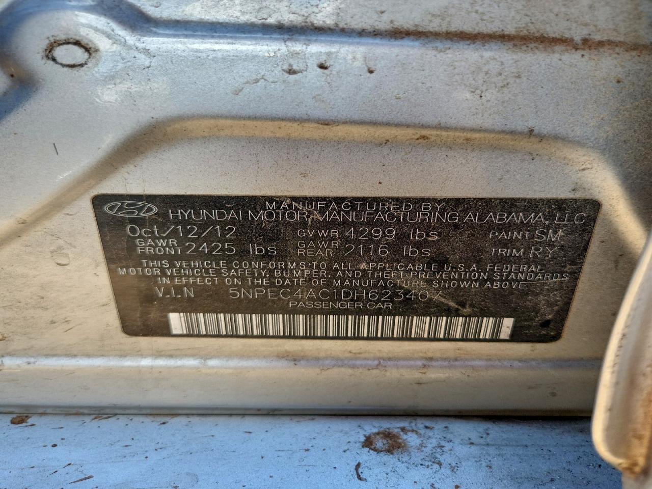 2013 Hyundai Sonata Se VIN: 5NPEC4AC1DH623407 Lot: 94424165