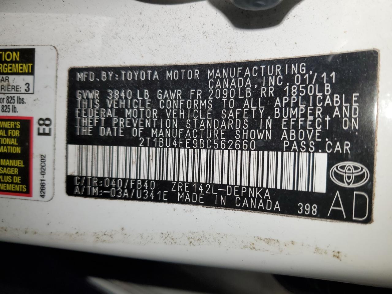 2011 Toyota Corolla Base VIN: 2T1BU4EE9BC562660 Lot: 91777905