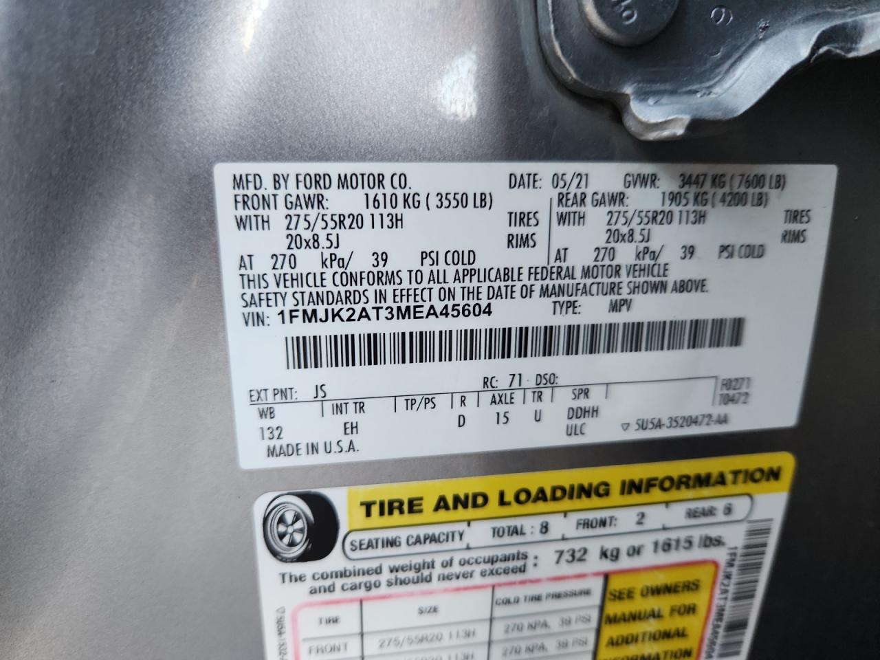 2021 Ford Expedition Max Limited VIN: 1FMJK2AT3MEA45604 Lot: 92346875