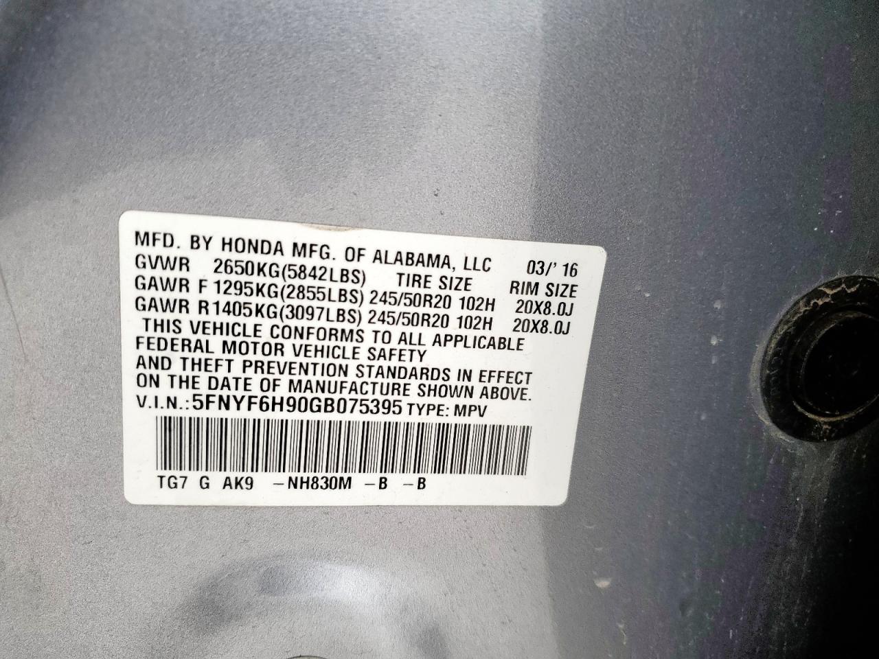 2016 Honda Pilot Touring VIN: 5FNYF6H90GB075395 Lot: 93871165