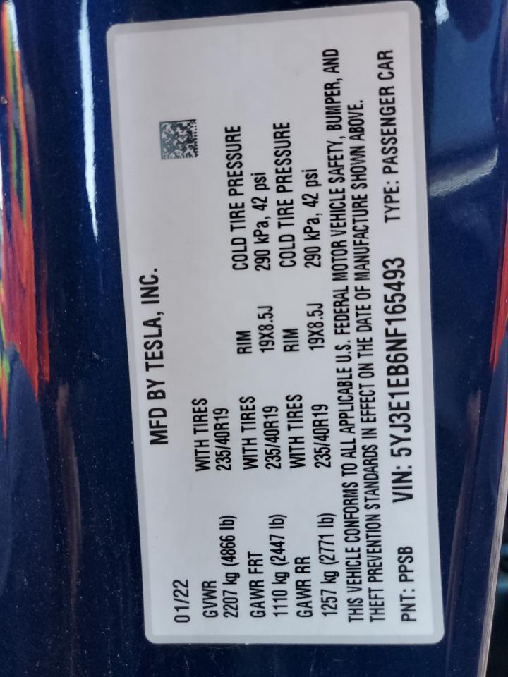 2022 Tesla Model 3 VIN: 5YJ3E1EB6NF165493 Lot: 92276995