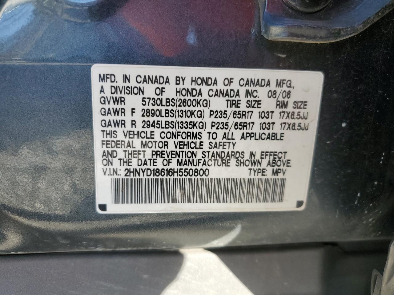 2006 Acura Mdx Touring VIN: 2HNYD18616H550800 Lot: 93719455