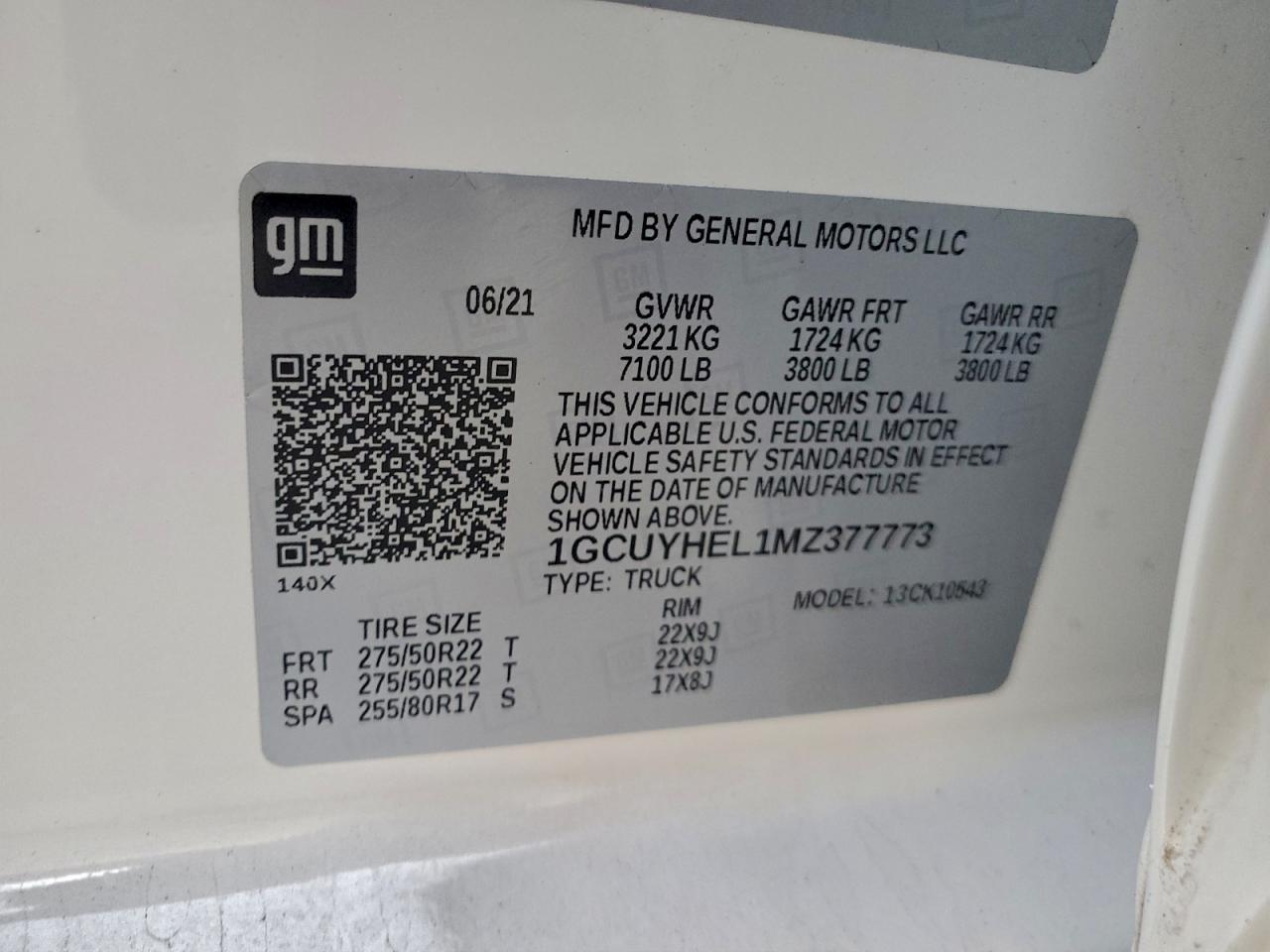 2021 Chevrolet Silverado K1500 High Country VIN: 1GCUYHEL1MZ377773 Lot: 93880905