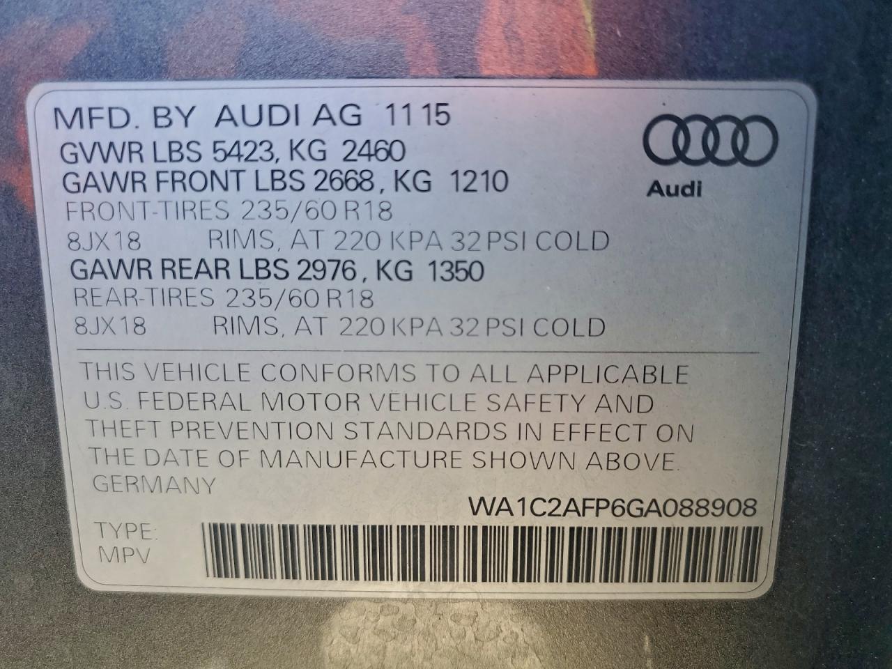2016 Audi Q5 Premium VIN: WA1C2AFP6GA088908 Lot: 93747515