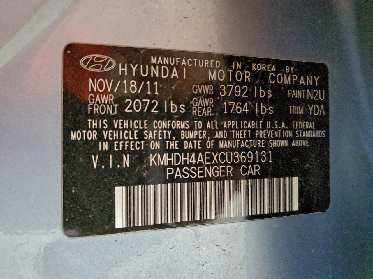 2012 Hyundai Elantra Gls VIN: KMHDH4AEXCU369131 Lot: 93734395