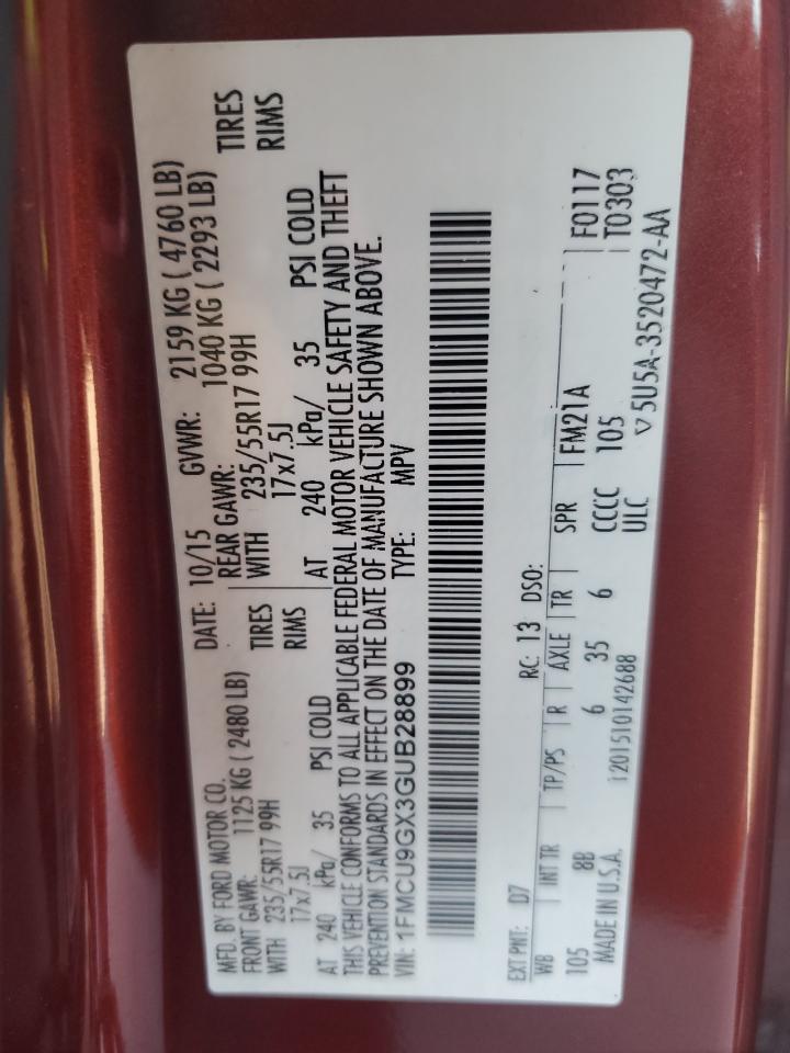 2016 Ford Escape Se VIN: 1FMCU9GX3GUB28899 Lot: 92693815