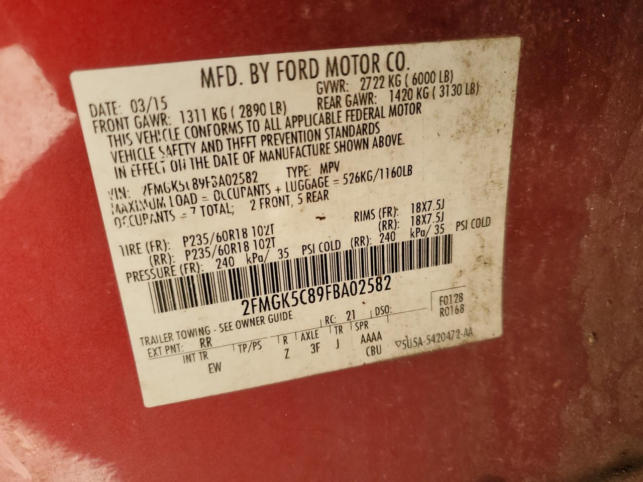 2015 Ford Flex Sel VIN: 2FMGK5C89FBA02582 Lot: 92238015