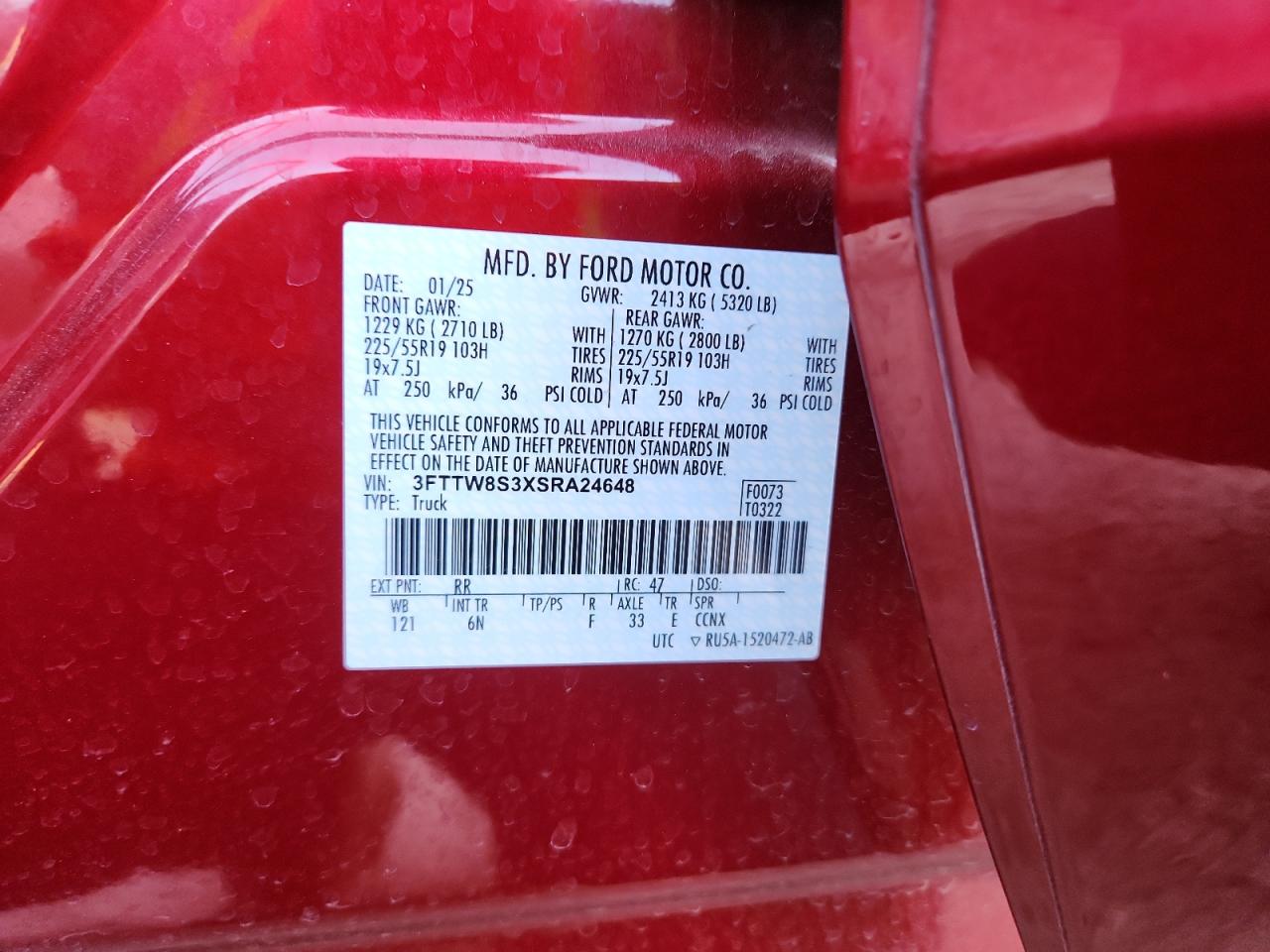 2025 Ford Maverick Lariat VIN: 3FTTW8S3XSRA24648 Lot: 93422665