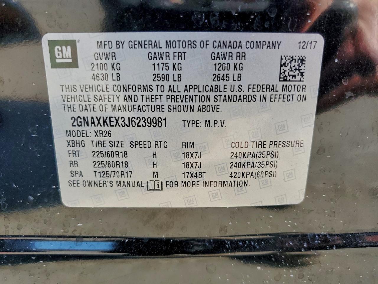 2018 Chevrolet Equinox Lt VIN: 2GNAXKEX3J6239981 Lot: 91908415