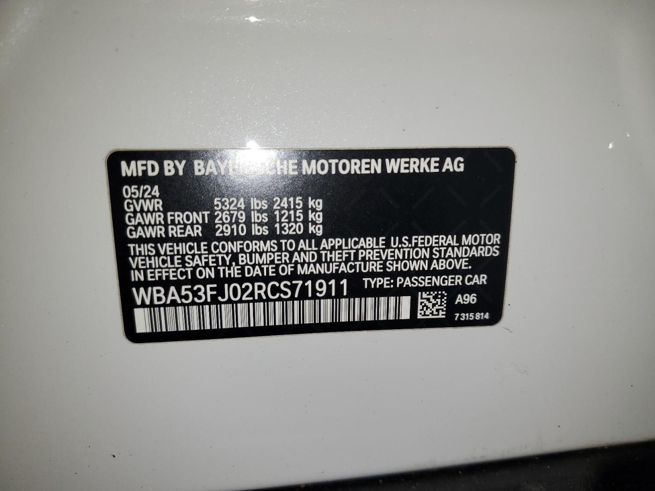 2024 BMW 530 Xi VIN: WBA53FJ02RCS71911 Lot: 91821905