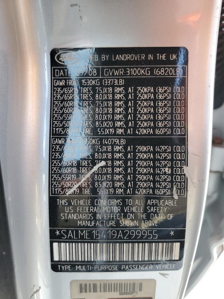 2009 Land Rover Range Rover Hse VIN: SALME15419A299955 Lot: 92167675