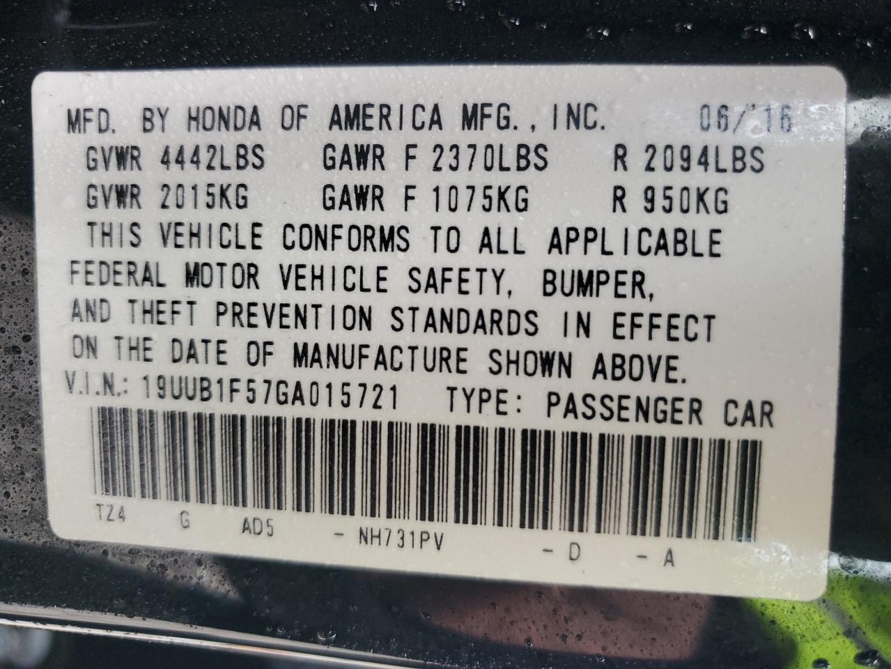 2016 Acura Tlx Tech VIN: 19UUB1F57GA015721 Lot: 93286345