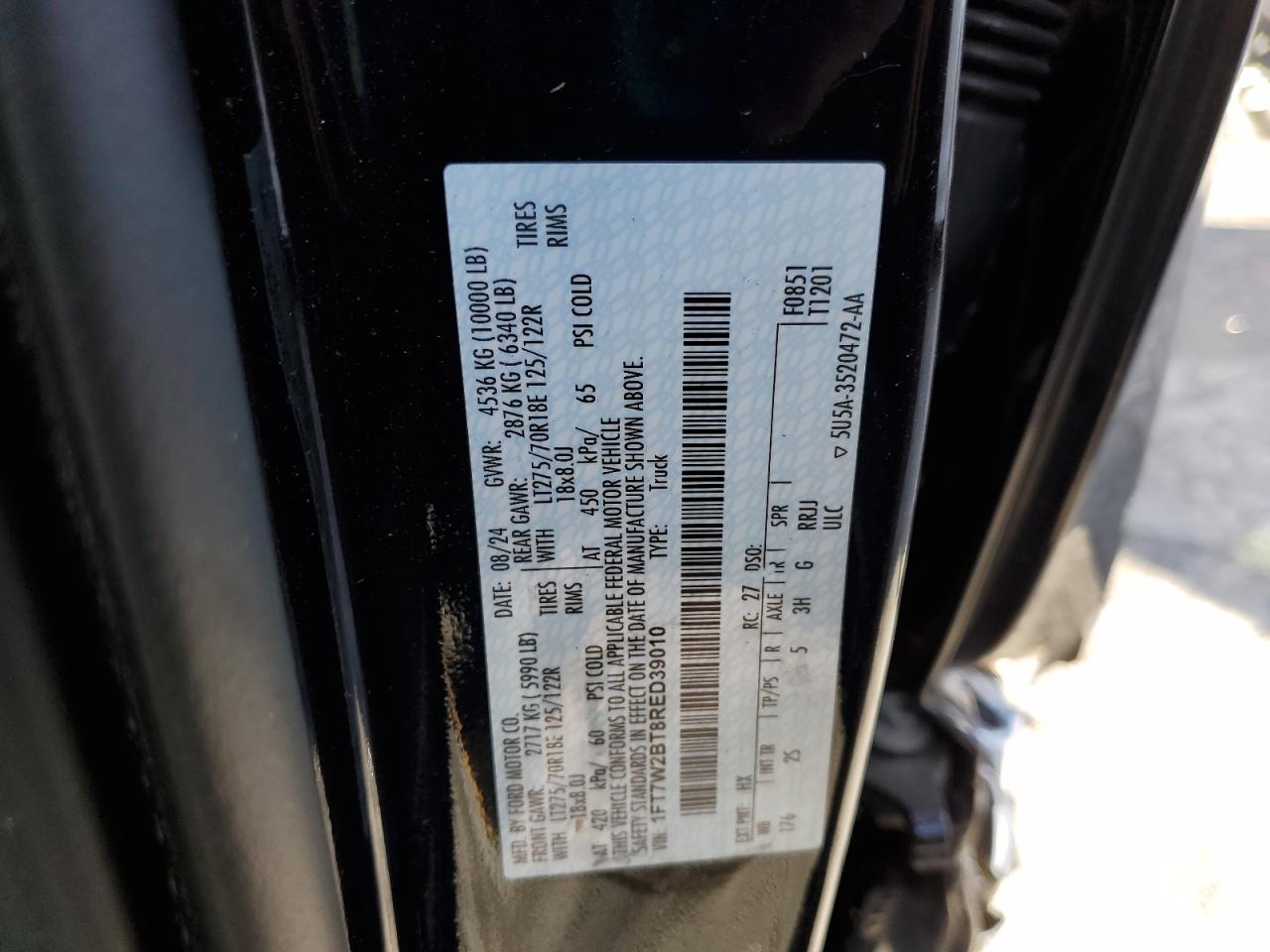 2024 Ford F250 Super Duty VIN: 1FT7W2BT8RED39010 Lot: 91415385