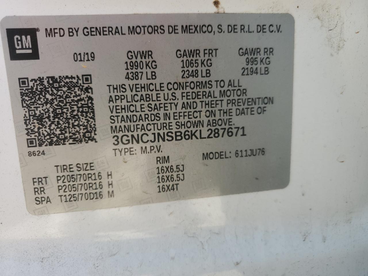 2019 Chevrolet Trax Ls VIN: 3GNCJNSB6KL287671 Lot: 91886075