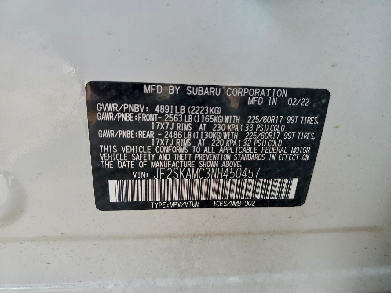 2022 Subaru Forester Wilderness VIN: JF2SKAMC3NH450457 Lot: 93917425