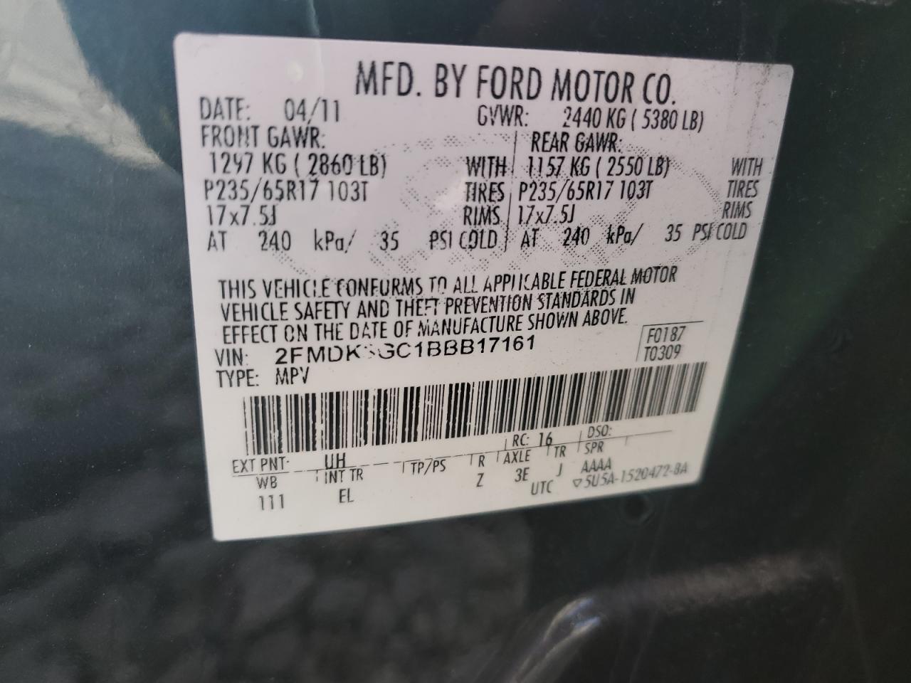 2011 Ford Edge Se VIN: 2FMDK3GC1BBB17161 Lot: 92191025