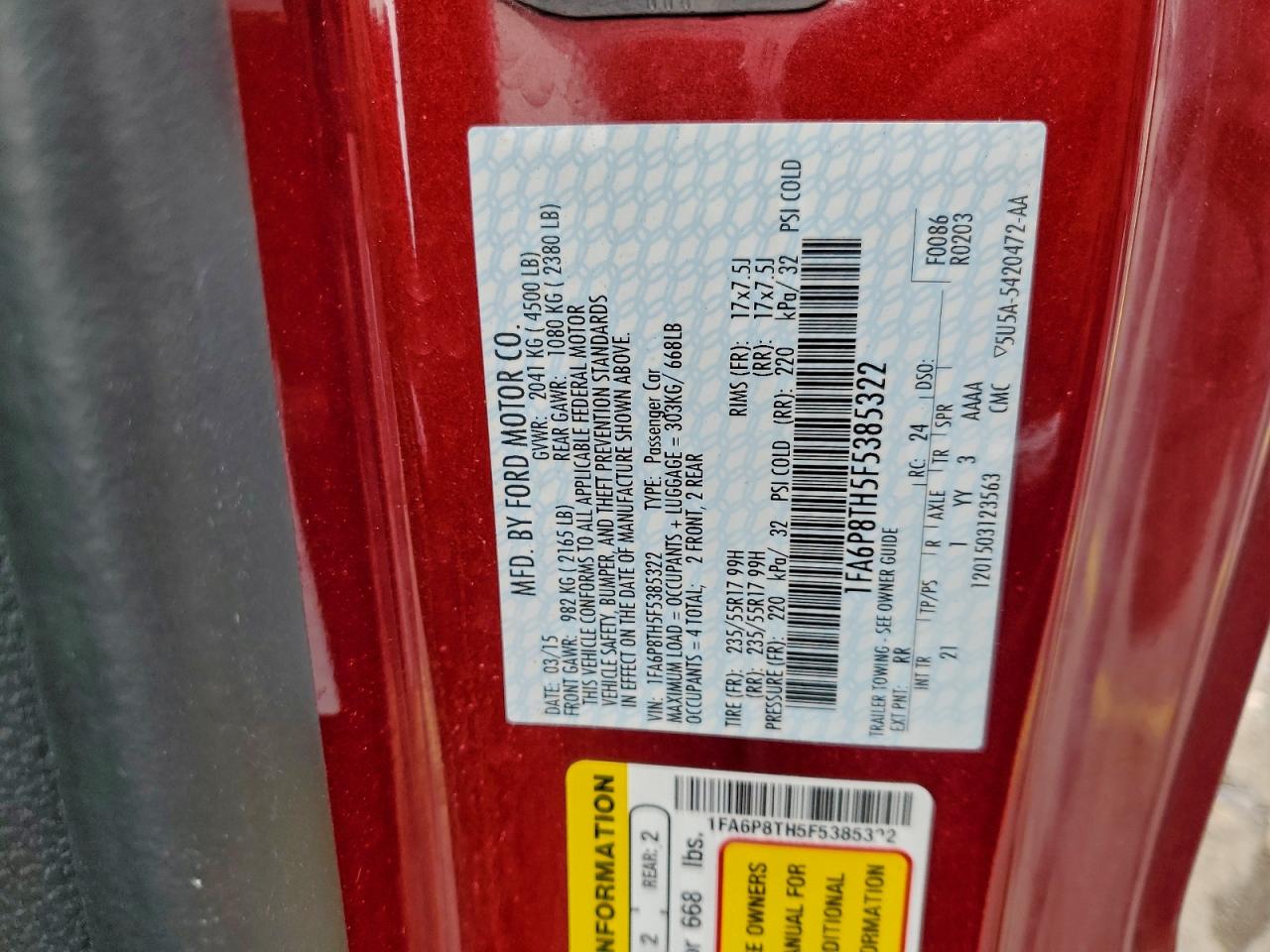 2015 Ford Mustang VIN: 1FA6P8TH5F5385322 Lot: 93759475