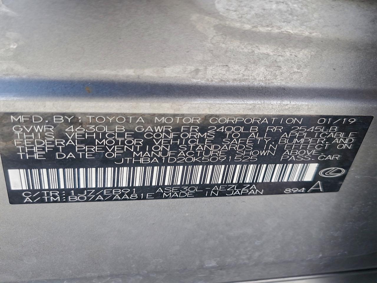 2019 Lexus Is 300 VIN: JTHBA1D20K5091525 Lot: 94061745