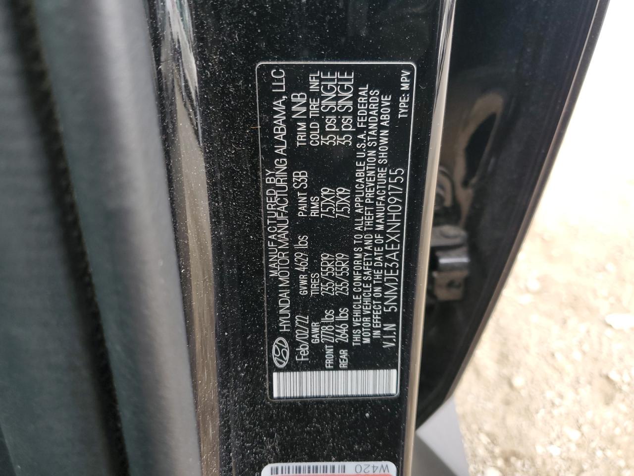 2022 Hyundai Tucson Limited VIN: 5NMJE3AEXNH091755 Lot: 93438755