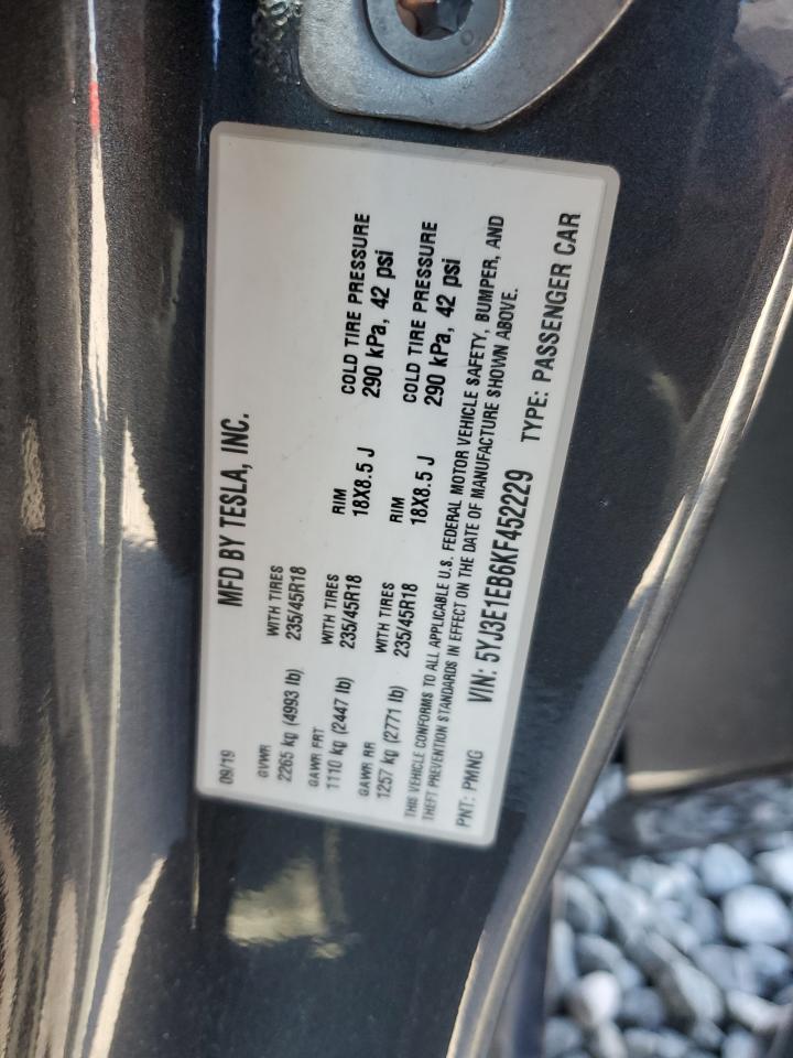 2019 Tesla Model 3 VIN: 5YJ3E1EB6KF452229 Lot: 91064865