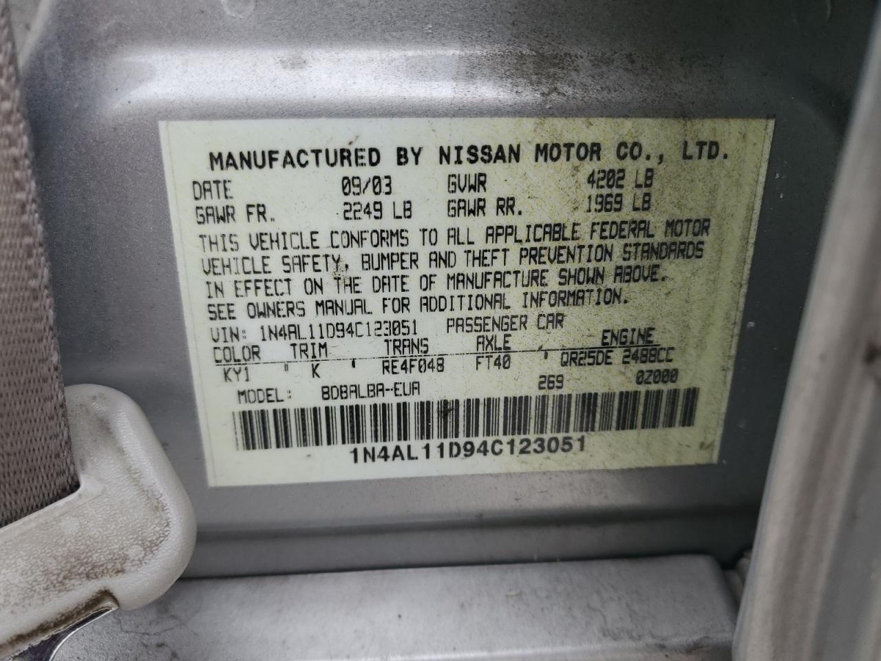 2004 Nissan Altima Base VIN: 1N4AL11D94C123051 Lot: 91673635