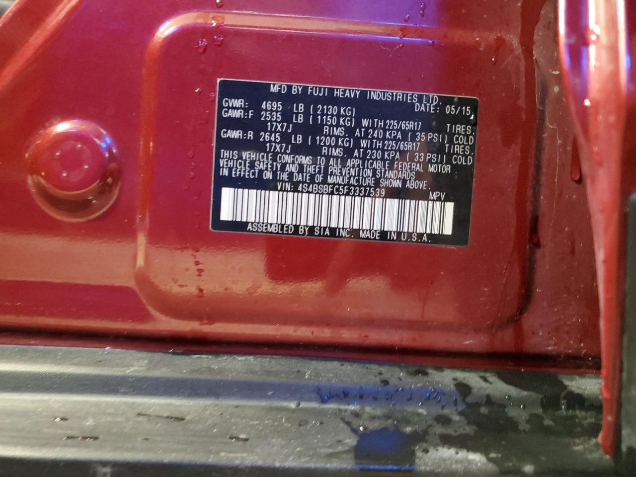 2015 Subaru Outback 2.5I Premium VIN: 4S4BSBFC5F3337539 Lot: 90509095