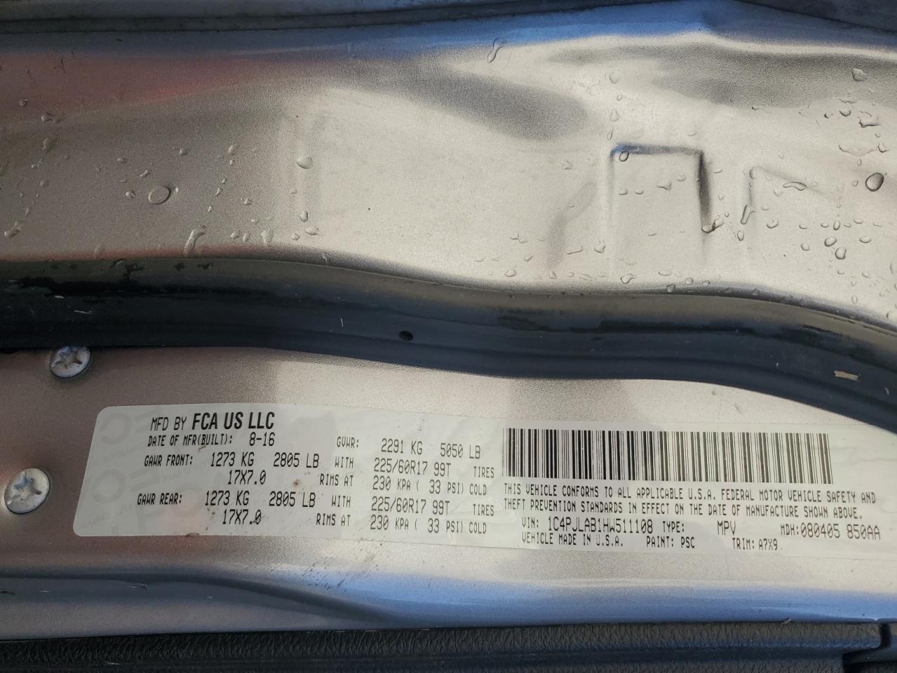 2017 Jeep Cherokee Sport VIN: 1C4PJLAB1HW511108 Lot: 92544775