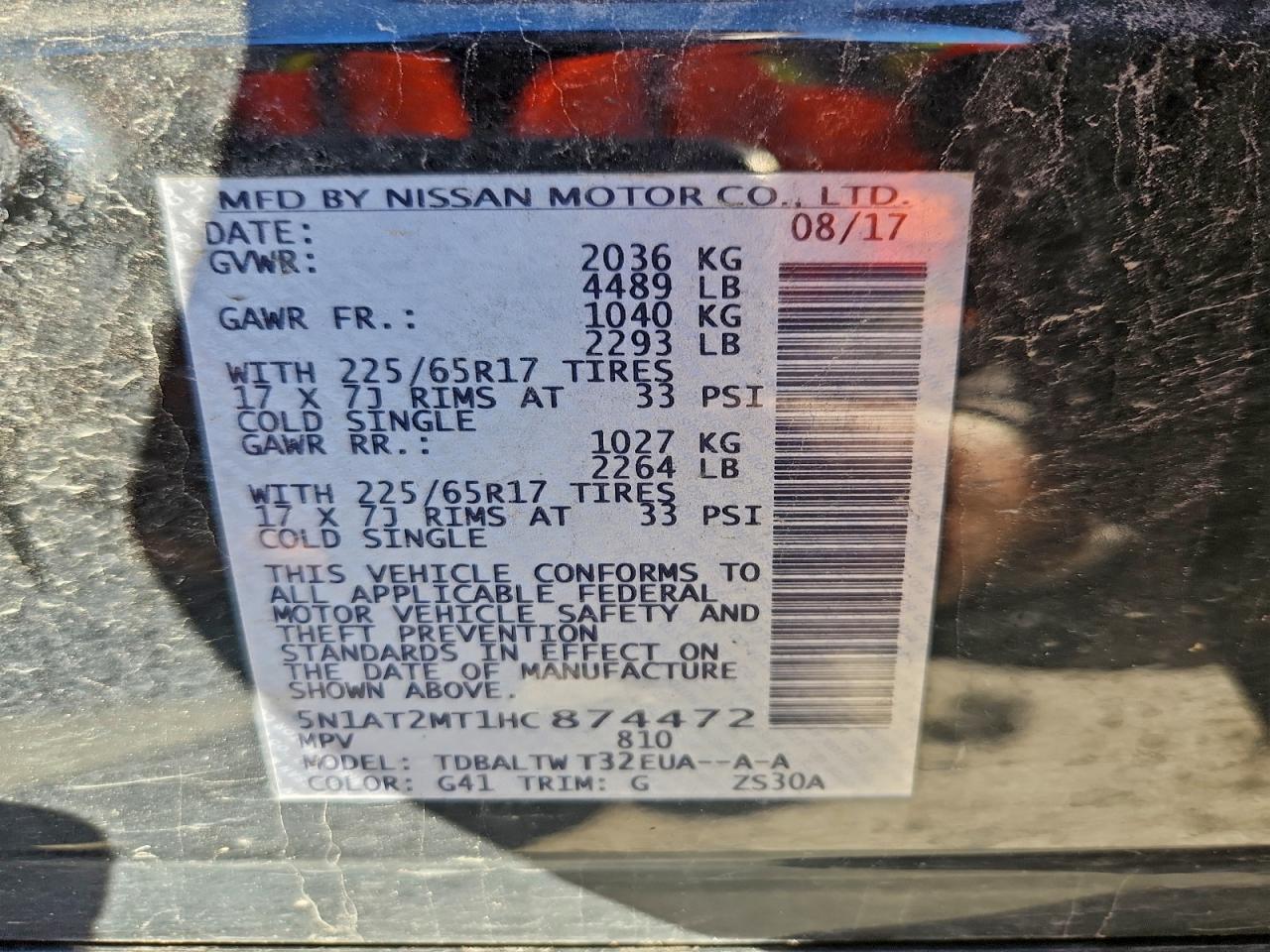 2017 Nissan Rogue S VIN: 5N1AT2MT1HC874472 Lot: 93918635