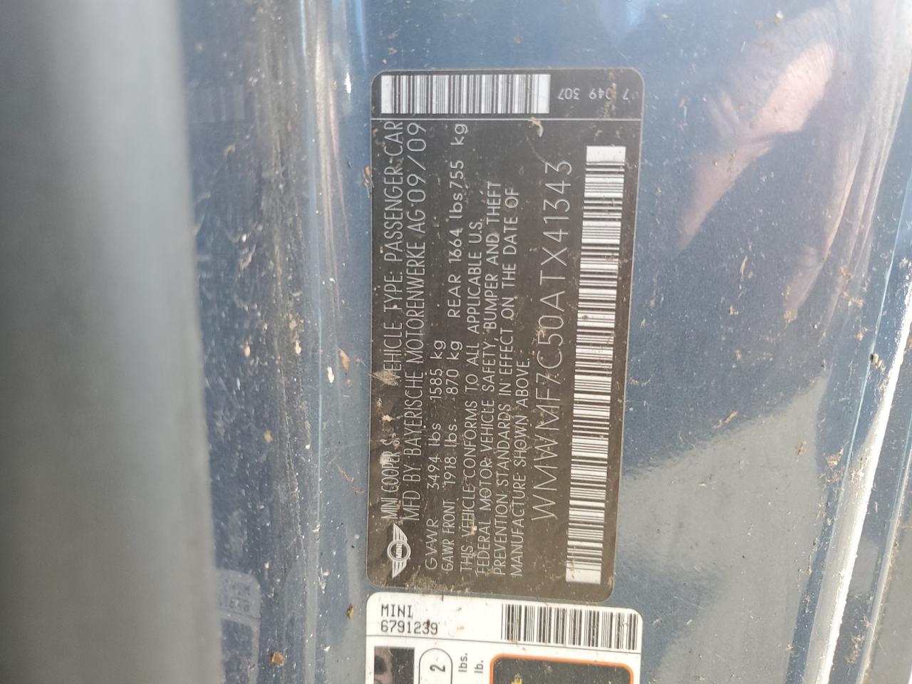 2010 Mini Cooper S VIN: WMWMF7C50ATX41343 Lot: 92353855