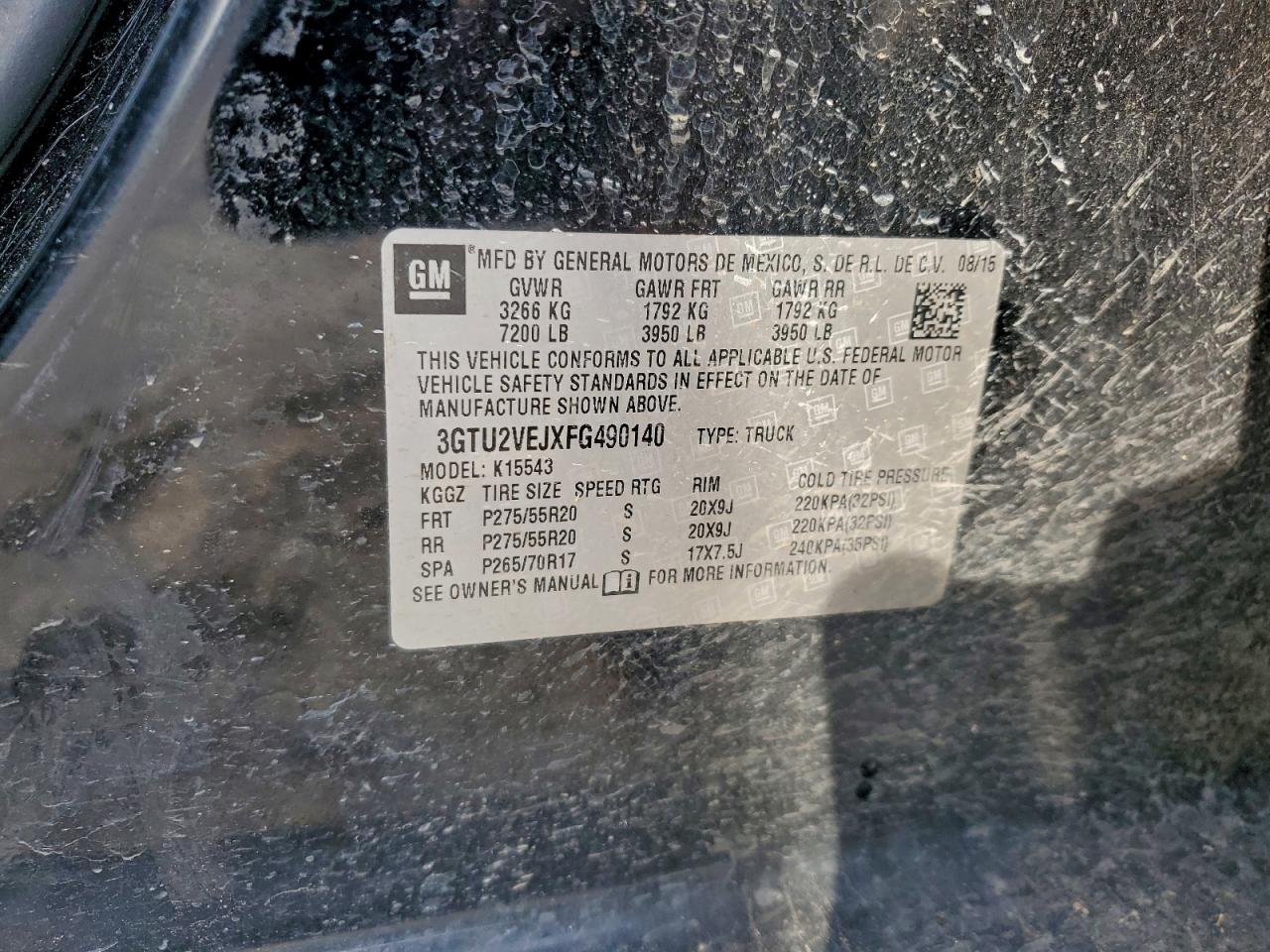 2015 GMC Sierra K1500 Slt VIN: 3GTU2VEJXFG490140 Lot: 93665505