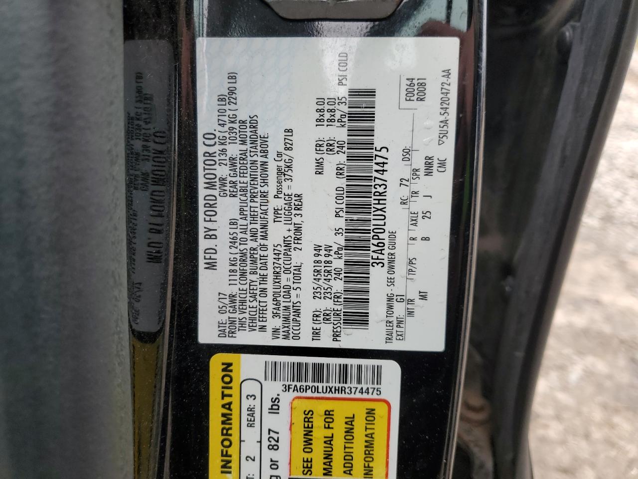 2017 Ford Fusion Se Hybrid VIN: 3FA6P0LUXHR374475 Lot: 93289345