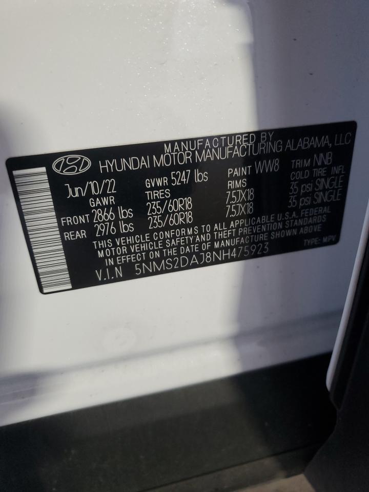 2022 Hyundai Santa Fe Sel VIN: 5NMS2DAJ8NH475923 Lot: 90111615