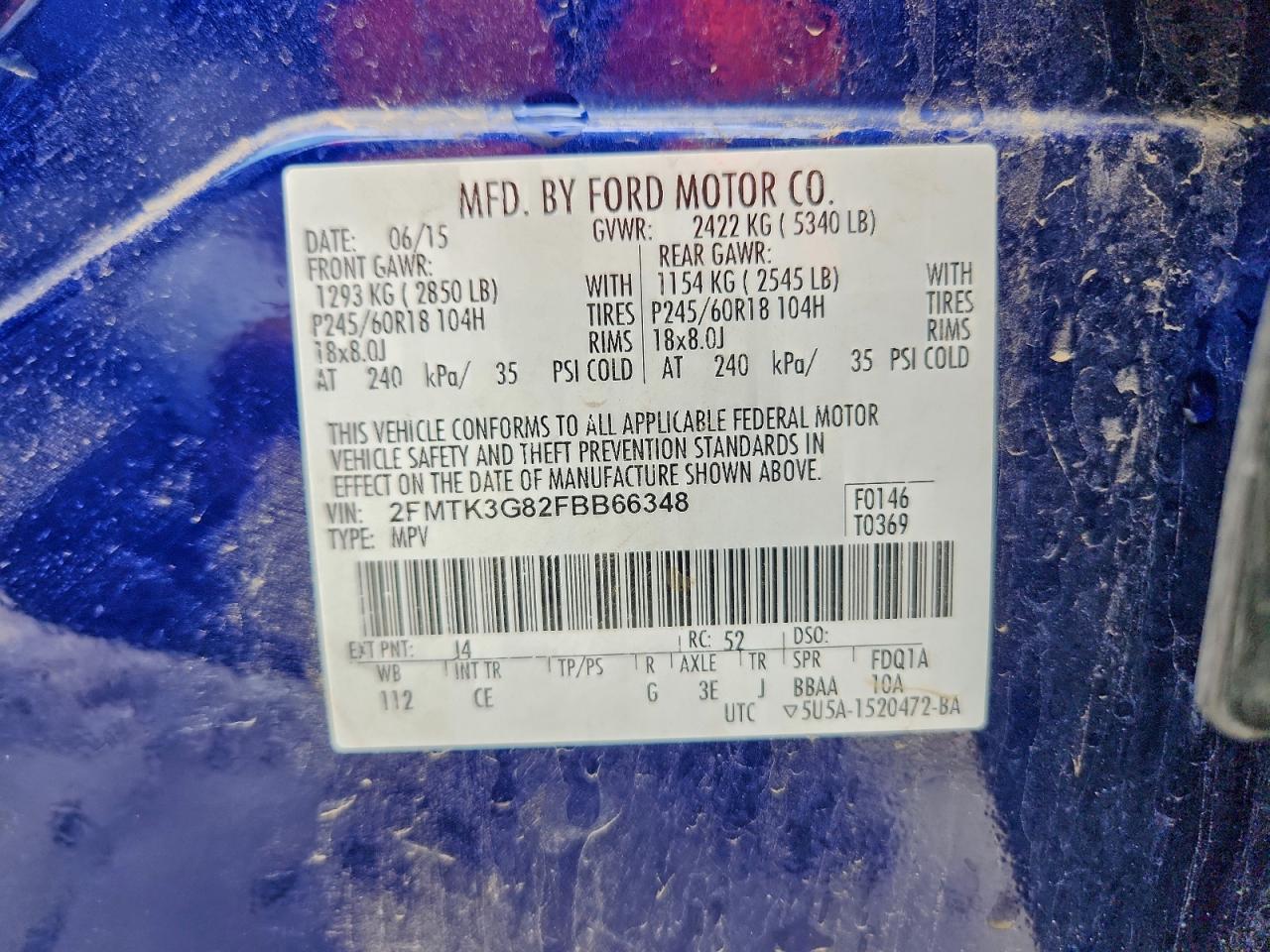 2015 Ford Edge Se VIN: 2FMTK3G82FBB66348 Lot: 93660715