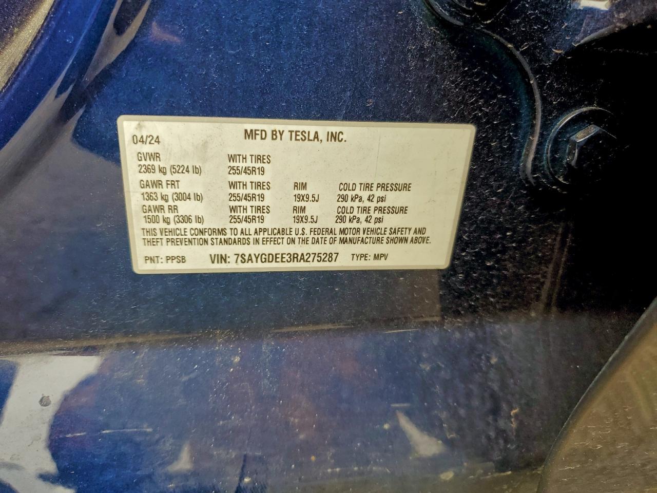 2024 Tesla Model Y VIN: 7SAYGDEE3RA275287 Lot: 93867835