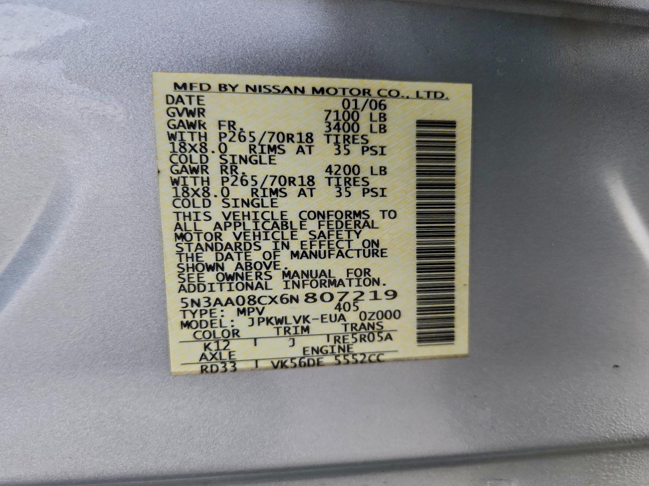 2006 Infiniti Qx56 VIN: 5N3AA08CX6N807219 Lot: 93147665