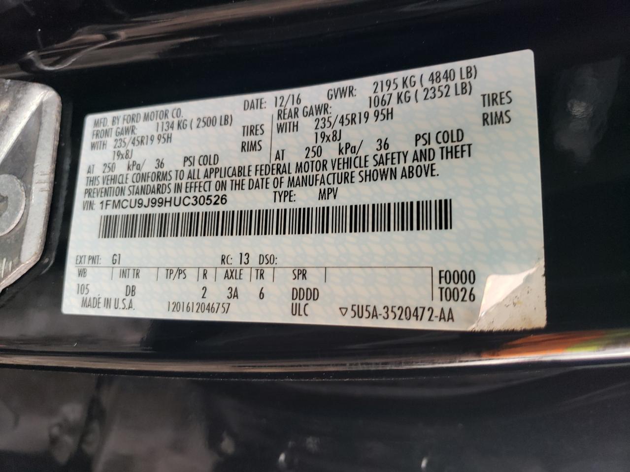 2017 Ford Escape Titanium VIN: 1FMCU9J99HUC30526 Lot: 93405495