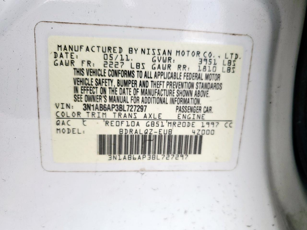 2011 Nissan Sentra 2.0 VIN: 3N1AB6AP3BL727297 Lot: 93294735